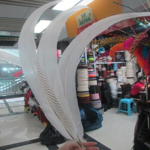 Free shipping 50pcs/lot White color pheasant silver feather 30-32 inches / 75-80 cm silver white chicken tail Feathers