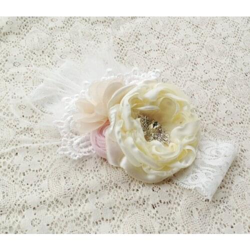 Free Shipping Roll Flower Ostrich Feather Headband Kids Hair Accessories with lace