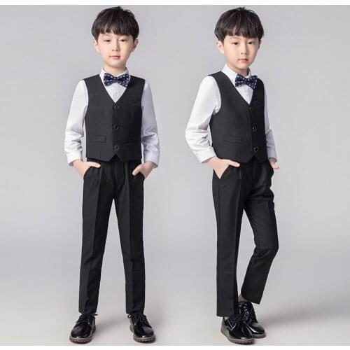 Brand Flowers Boys Formal Tuxedos Suit student Wedding Dress Gentleman Kids Waistcoat +Pants +Bowtie 3Pcs ceremony Costumes