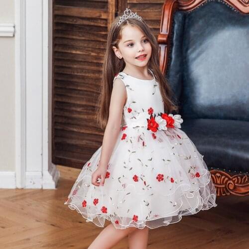 Child Pretty Red Round Neck Flower Girls Dresses For Kids Cotton Multi-Layered Sleeveless Girls Birthday Dresses 3-12 Years Old