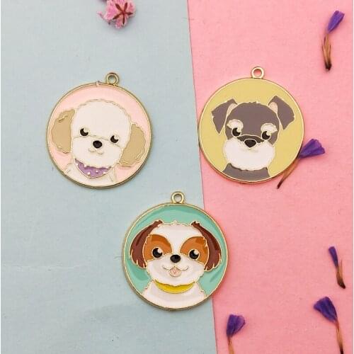 10pcs Cartoon Dog Enamels Charms Fashion Round Shape Puggy Alloy Pendant DIY Making Bracelet Necklace Jewelry Accessories FX256