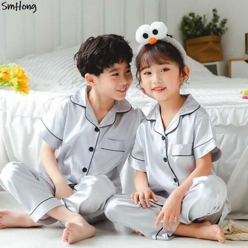 2021 Summer Short Sleeve+Long Pants 2pcs Satin Pajamas Sets Summer Clothing Sets Boys Nightsuit Girls Silk Pajamas Pyjamas Kids
