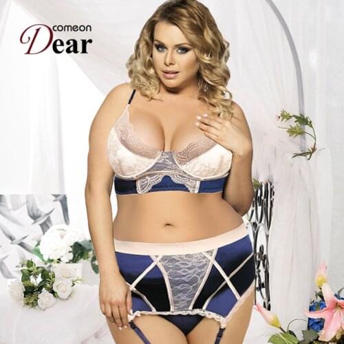 Comeondear Sexy Women Navy Bra Set Beige Lace Overlay Underwear G String Garter Ensemble Erotic Lingerie Big Size Outfit RA80186