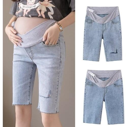 2020 Summer Denim Pants For Pregnancy Women Cotton Maternity Skinny Middle Jeans Low Waist Pregnant Cropped Pants Korea Style