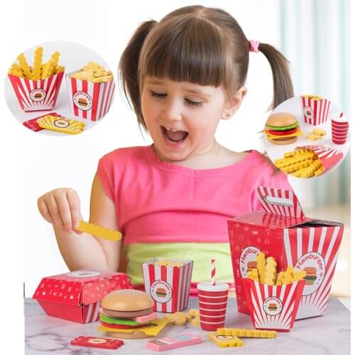 Wooden Hamburger Family Bucket Set Simulation Food Toy Children Intellectual Development Toys Children Early Educational Toy