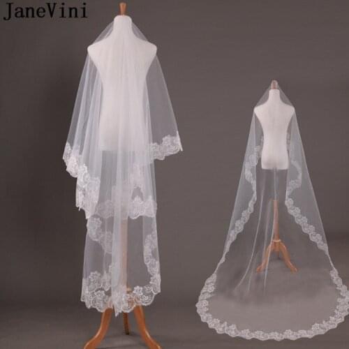 JaneVini Cheap Lace Edge Long Wedding Bride Veil Bridal Veils 3 Meters White Cathedral Short Veils In Stock Dentelle Mariee