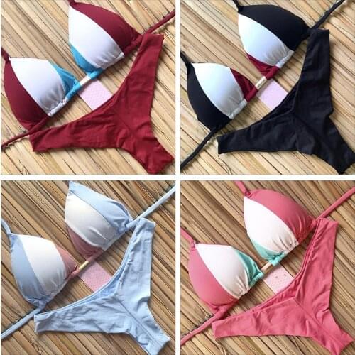 New sexy bikini swimwear female tri-color stitching European and American rope strap bikini swimsuit thong two piece swimsuit