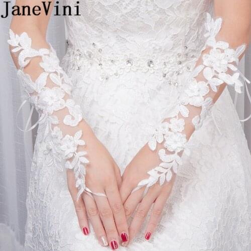 JaneVini Pearls Bridal Long White Gloves Flower Lace Gloves Bride Elbow Length Fingerless Wedding Glove Marriage Liga Novia 2018