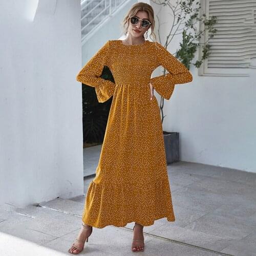 Polka Dot Dress With Puff Sleeves Patchwork Ruffle Trim Maxi Long Dress O Neck Sukienka Xl Fashion 2021 Cute Dress Sexy Elegant