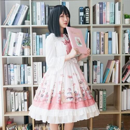 Princess daily tea party sweet lolita dress vintage lace bowknot cute printing victorian dress kawaii girl gothic lolita jsk cos
