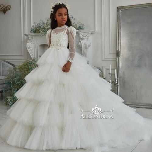 White Long Sleeve Flower Girl Dresses Princess Jewel Neck Girls Birthday Party Dress Christmas Tiered Skirt First Communion Gown