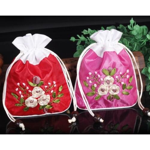 12x15cm Handmade Embroider Silk Satin Drawstring Gift Pouchs Jewelry Ornaments Packaging Bags Christmas Wedding Party Candy Bag