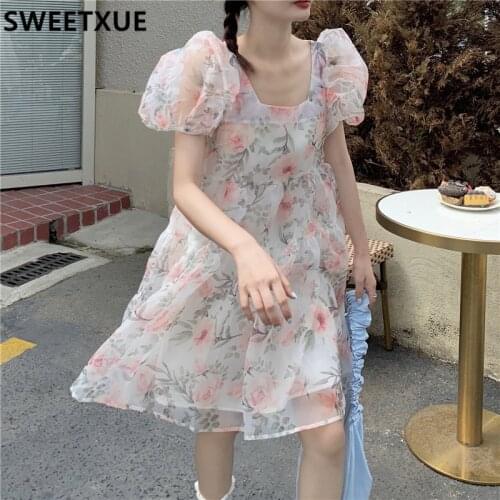 SWEETXUE Fashion 2021 Summer Sweet Kawaii Floral Puff Sleeve Organza Princess Dress Mini Party Fairy Holiday Dress Women Vestido