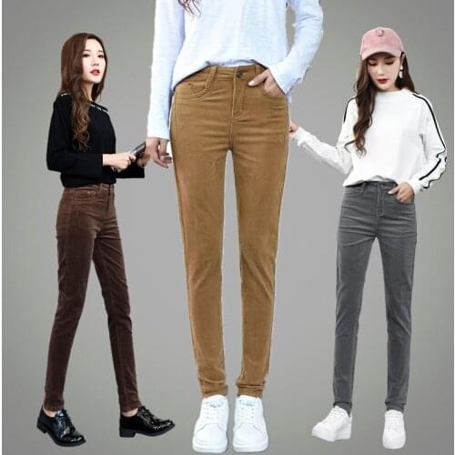 Skinny corduroy pants capris for women with high waist OL office pleated vintage pencil pants female trousers Plus size 26-40