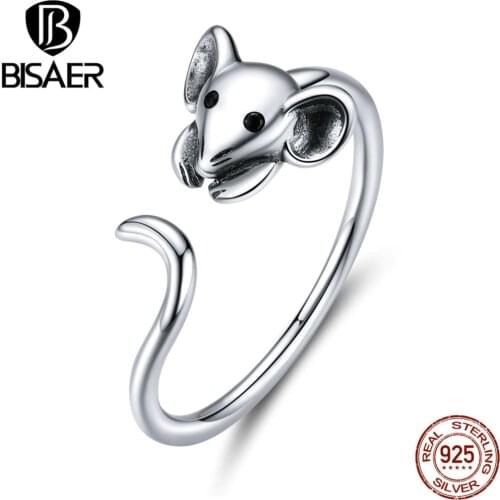 Animal Jewelry BISAER 100% 925 Sterling Silver Cute Long Tail Mouse Adjustable Finger Rings for Women Silver Jewelry ECR632