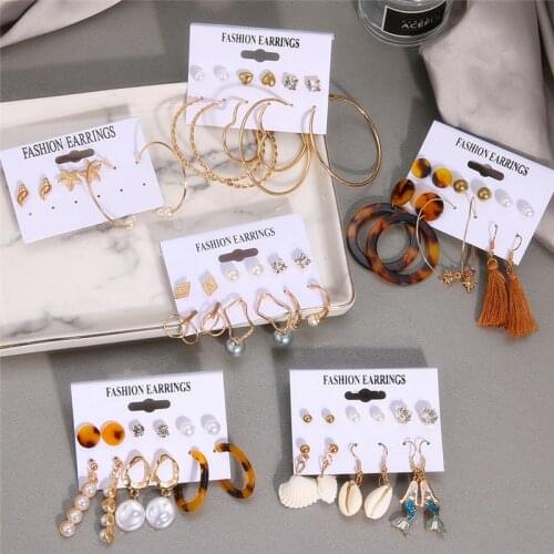 Fashion Acrylic Shell Tassel Earrings Set For Women Big Geometric Heart Rhinestone Earrings New Female Imitation Pearl Earrings