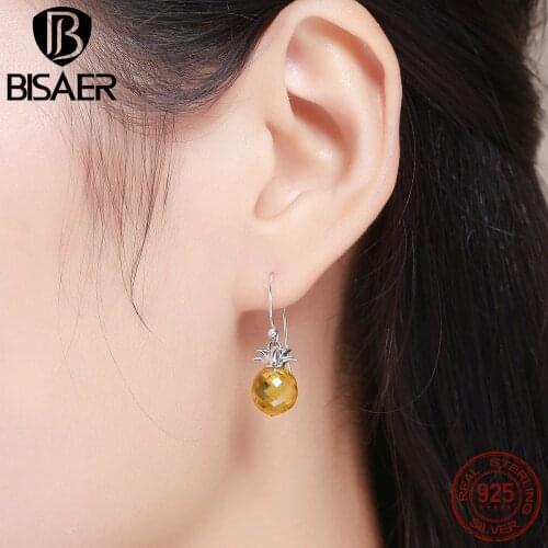 2019 Summer Collection 925 Sterling Silver Tropical Pineapple Yellow Zircon Drop Earrings for Women Sterling Silver Jewelry