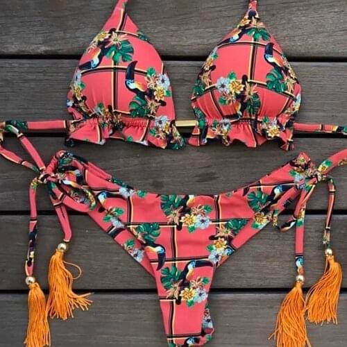 40# Women Bandage Bikini Set Ethnic Style Tassel Push-up Brazilian Swimwear Halter Two Piece Swimsuit Biquini Купальники Женские