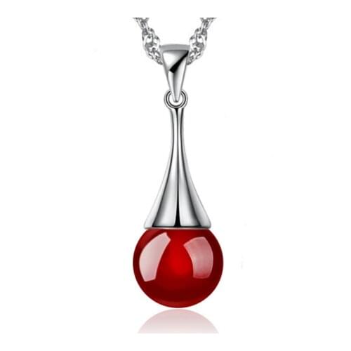 ANENJERY 925 Sterling Silver Red Black Ball Water Drop Pendant Neckace For Women Gift 45cm Water-wave Chain choker S-N100