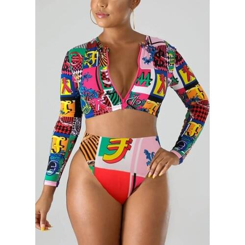 Women Sexy zipper Long Sleeve Swimsuit Geometric Print Pattern Two Piece High Waist Bikini Set Brazilian Beachwear 2020