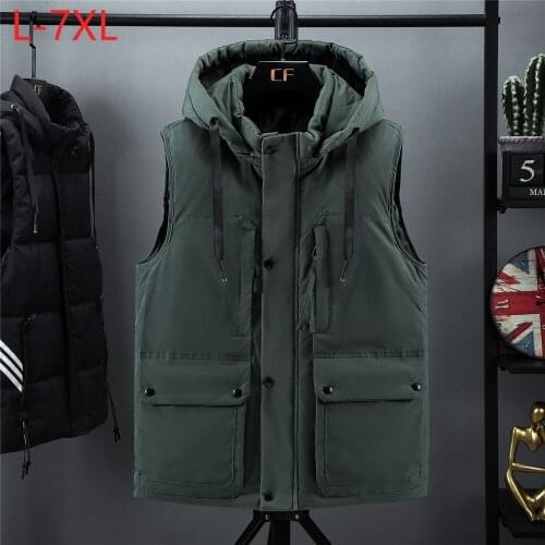 Winter Vest Hat Detachable Men Multi Pockets Waistcoat Thicken Parka Unloading Sleeveless Jacket Travel Vest Plus Large Size 7xl