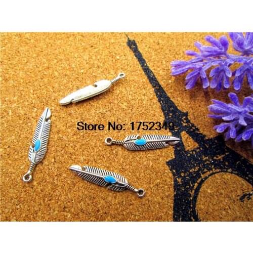 20pcs-- Feather charms, AntiqueTibetan silver Feather with Faux Turquoise Charm Pendant 27x6mm