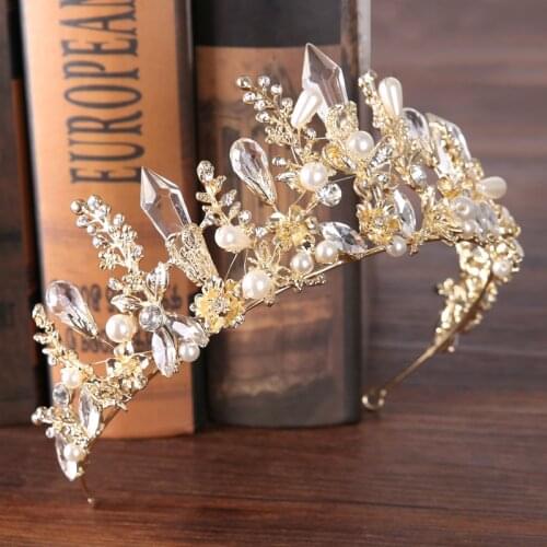 2020 Baroque Crown Vintage Court Style Crystal Pearls Inlay Flowers Plants Shape Adjustable Luxuriant Bride Wedding Headwear