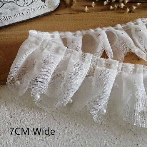 7CM Breed White Luxe 3D Geplooid Chiffon Kant Parels Kralen Trim Lint Gordijnen Trouwjurk Kleding Thuis Poppen DIY Naaien Decor
