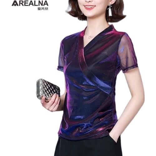 Shiny Gradient Mesh Blouse Women Fashion office blouses woman 2019 Summer V-neck OL Womens Tops and Blouses Plus Size Shirts