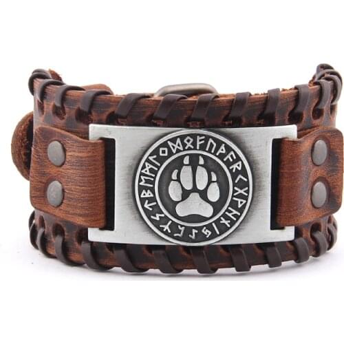 Viking Compass Genuine Leather Bracelet for Man Bangle Nordic Runes Bear Footprint Wrap Jewelry Accessories