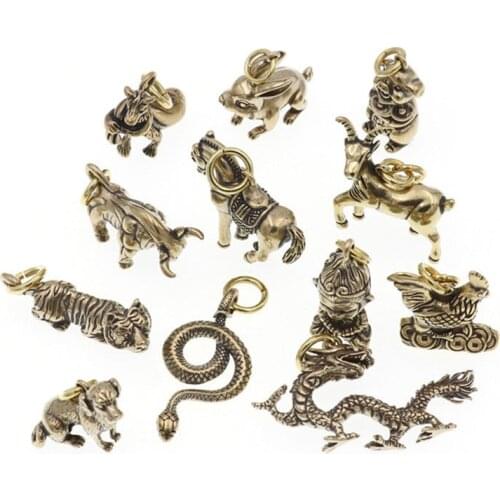 1pcs Solid Brass Keychain Charm Pendant High Quality Chinese Zodiac Signs Leather Craft DIY Decoration Keyring Animals CLOXY