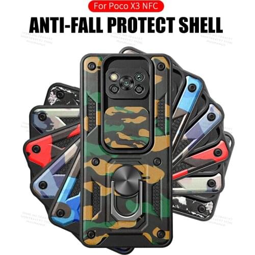 Camouflage Push-pull Camera Protection Phone Case For Xiaomi Poco X3 NFC Pro Poko F3 with ring magnet holder shockproof cover