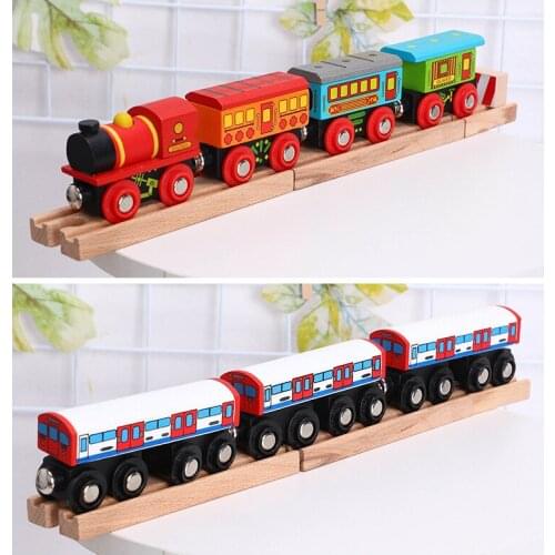Wooden magnetic link train with tracks can be connected to wooden train track toys childrens puzzle hand push delicate toy car