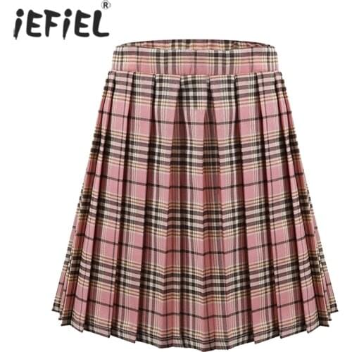 Kids Girls Scottish style Knee Length Full A-Line Pull-On Pleated Plaid Skirt with Elastic Waistband