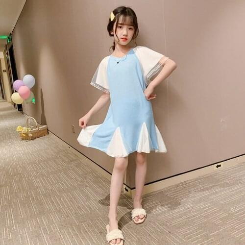 Summer Dress For Girls O Neck Clothes For Girl Solid Color Simple Loose Elegant Dress Children Teenage Costume 6 8 10 12 13Years