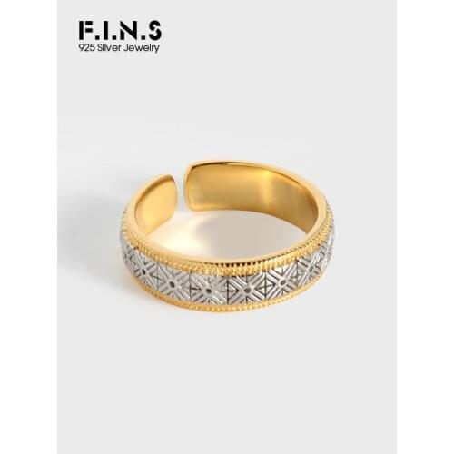 F.I.N.S Simple Antique Retro 100% S925 Sterling Silver Ring Color Contrast Carved Cross Pattern Open Finger Rings for Women Men