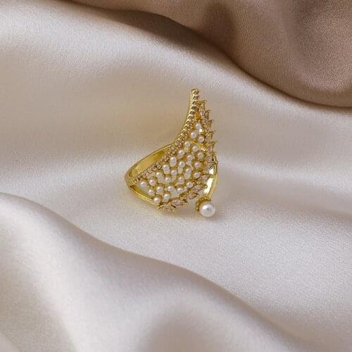 LOVOACC Delicate Full Rhinestones Simulation Wing Rings for Women Brass Gold Imitation Pearls Adjustable Open Ring Birthday Gift