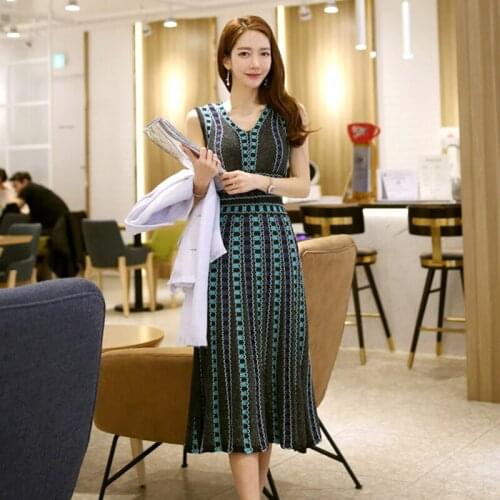 Fashion women comfortable elegant sexy v-neck knit bouncy dress new arrival party high quality print basic vintage a-line dress