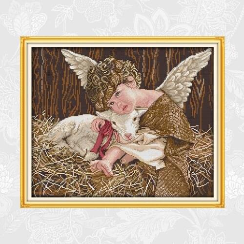 Joy Sunday Embroidery Needlework Set, Handmade Crafts Home Decor, Angel and Lamb Counted Printed Canvas Cross Stitch kits