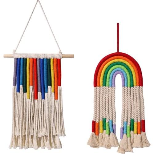 Ins Rainbow Macrame Wall Hanging Ornament Boho Rope Handmade Woven Tassel Tapestry Home Girls Room Wall Decoration