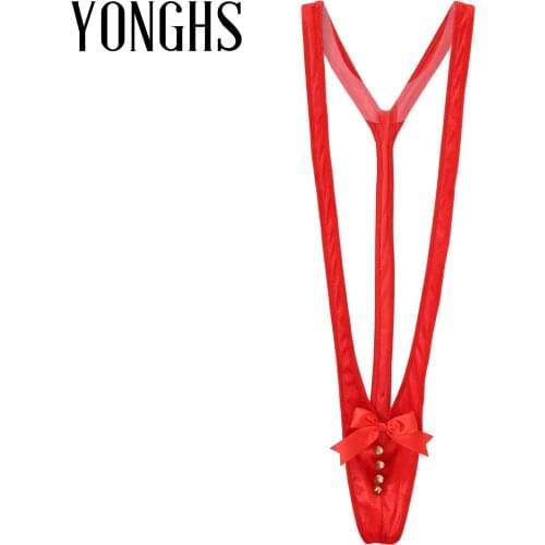 Lingerie Red Christmas Mankini Bodysuit for Sexy Mens Stretchy Thongs Bowknot Panties Bell Decor Velvet Sexy Underwear Nightwear