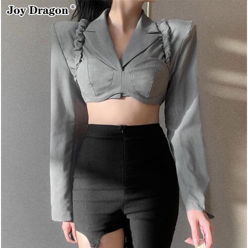 Autumn Women Long Sleeve Crop Tops Solid Color Lapel Collar Camisole Blazer Suits Two-piece Set Shoulder Pads Short Club Casual