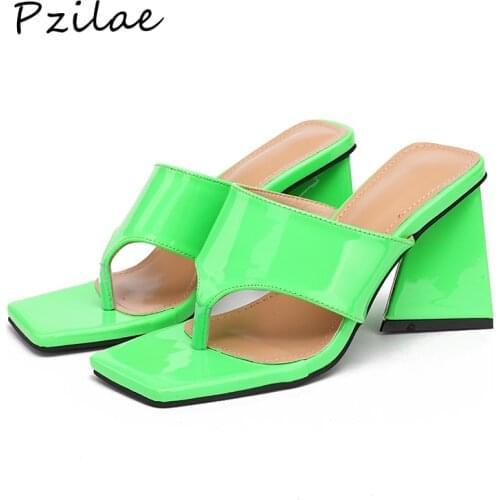 Pzilae 2021 New Summer Slippers Women Patent Leather Green Red Sandals Square Toe Thick-Soled High Heels Flip Flops Party Shoes