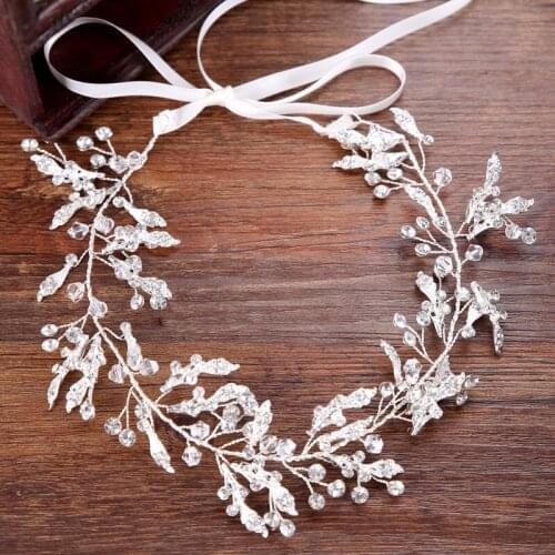 Luxury Bridal Crystal Leaf Flower Headbands for Women Crown Tiaras Handmade Bride Headpiece Ribbon Wedding Hair Accessories