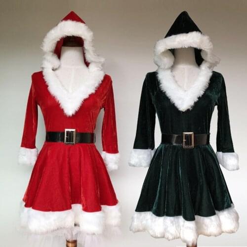 Christmas Miss Santa Claus Dresses Cosplay Costumes Women Hooded Mini Dress Ladies Xmas Theme Party Club Cosplay Fancy Costume