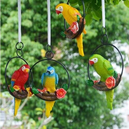 Garden Simulation Birds Iron Ring Parrot Resin Sculpture Outdoor Park Tree Figurines Decoration Courtyard Lawn Ornaments Crafts