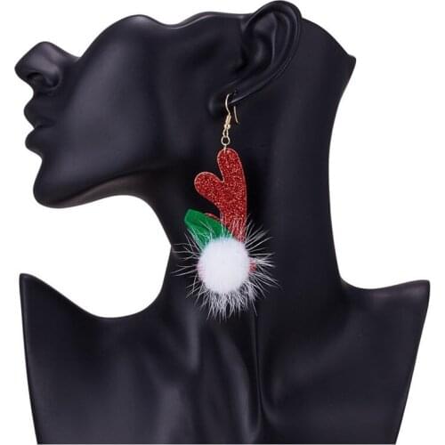 WWLB boucle d'oreille pompon Red Leather Antlers Earrings For Women Girls Christmas Gifts Long Fluffy Earring Fashion Jewellery