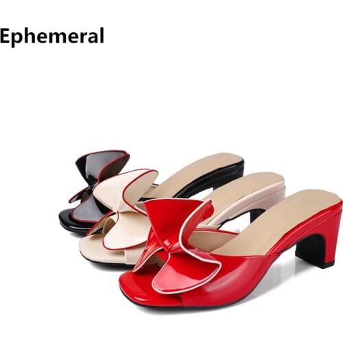 Ladies Open Toe Slides With Bow Patent Leathe Shoes Square Heel Med Cute Sandals High Heels Zapatos Plus Size 44-2 Slides Summer