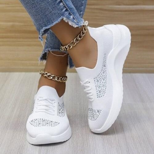 SUNNYS Womens Shoes New Style Rhinestone Flying Woven Mesh Lace-up Breathable Lightweight Casual Sports Shoes Large Size 43