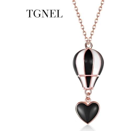 TGNEL S925 Sterling Silver Necklace Pendants Rose Gold and Black Color Fine Jewelry Heart and Parachute for Women 925 Silver